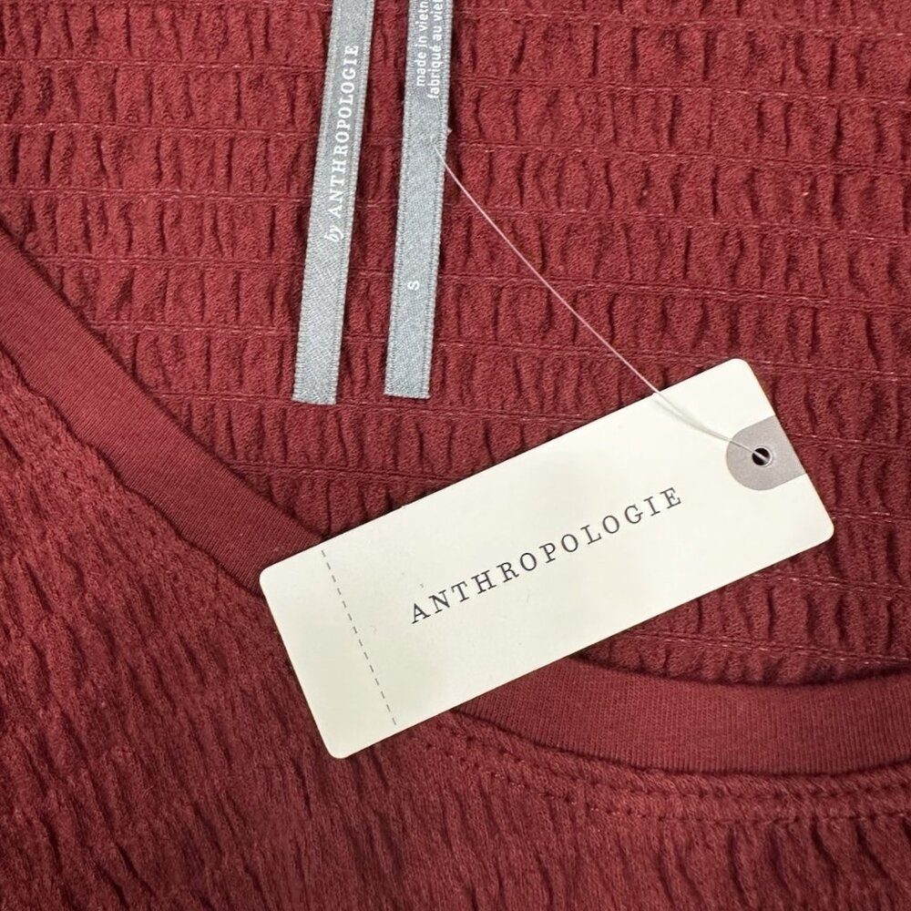 Anthropologie Smocked Bell Sleeve Top Women’s Small Wine Burgundy Textured Knit - Picture 4 of 10
